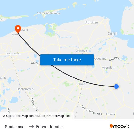 Stadskanaal to Ferwerderadiel map