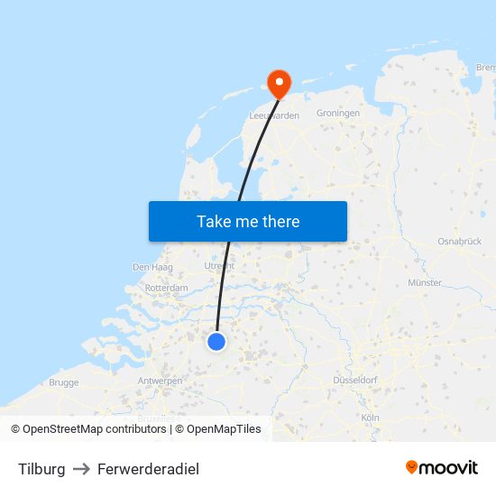 Tilburg to Ferwerderadiel map