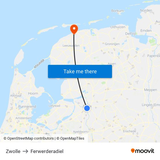 Zwolle to Ferwerderadiel map