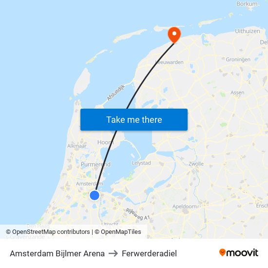 Amsterdam Bijlmer Arena to Ferwerderadiel map
