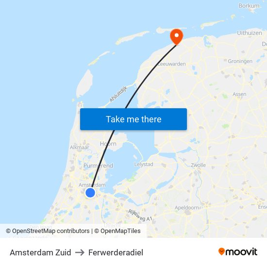 Amsterdam Zuid to Ferwerderadiel map