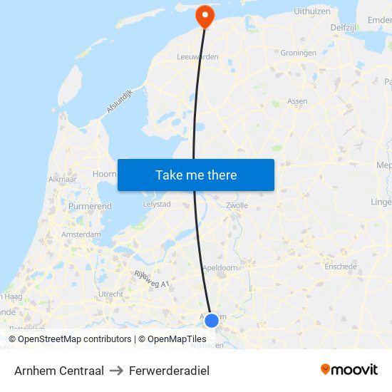 Arnhem Centraal to Ferwerderadiel map