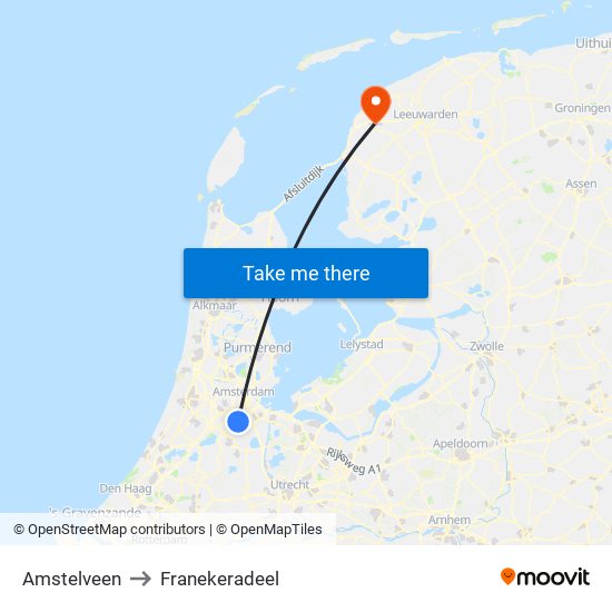 Amstelveen to Franekeradeel map