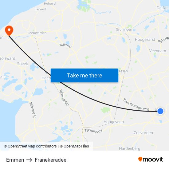 Emmen to Franekeradeel map