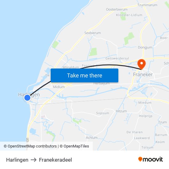 Harlingen to Franekeradeel map