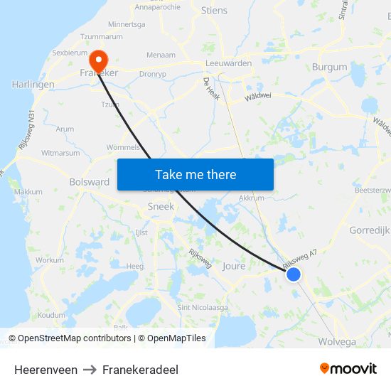 Heerenveen to Franekeradeel map