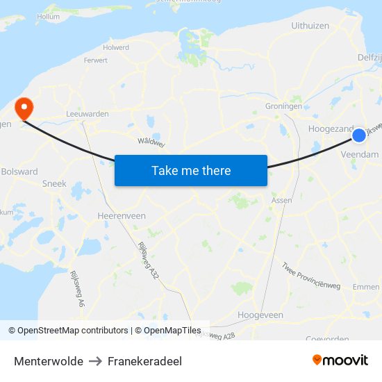 Menterwolde to Franekeradeel map