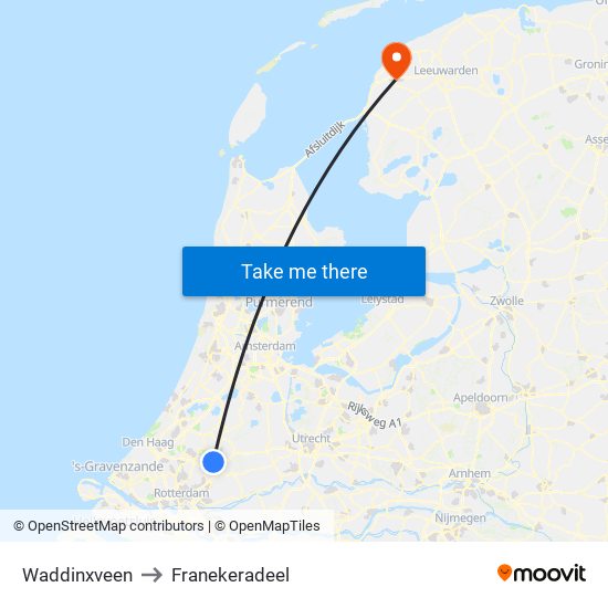 Waddinxveen to Franekeradeel map