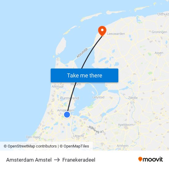 Amsterdam Amstel to Franekeradeel map