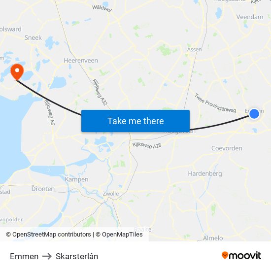 Emmen to Skarsterlân map