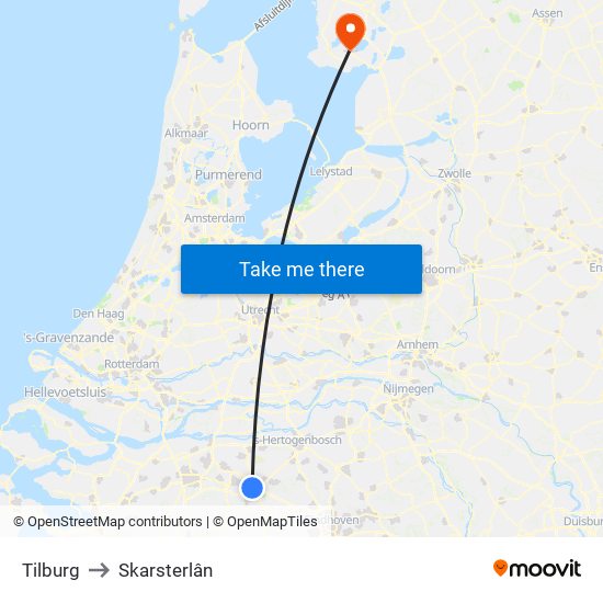 Tilburg to Skarsterlân map