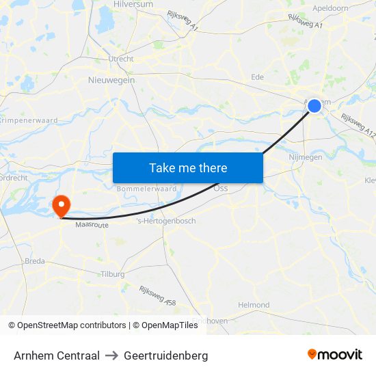 Arnhem Centraal to Geertruidenberg map