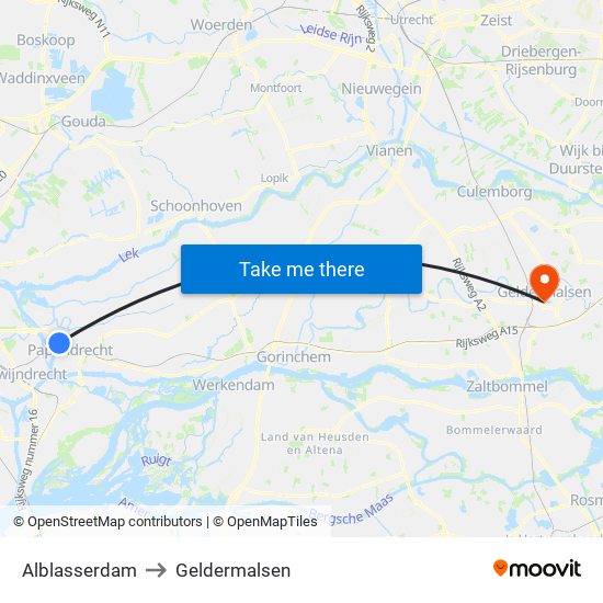 Alblasserdam to Geldermalsen map