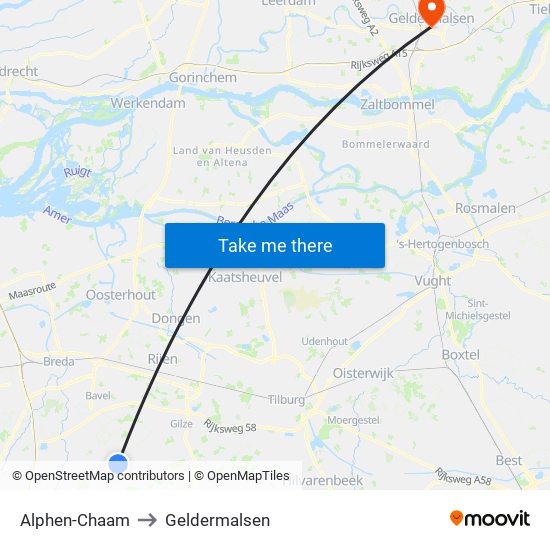 Alphen-Chaam to Geldermalsen map