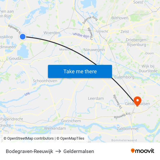 Bodegraven-Reeuwijk to Geldermalsen map