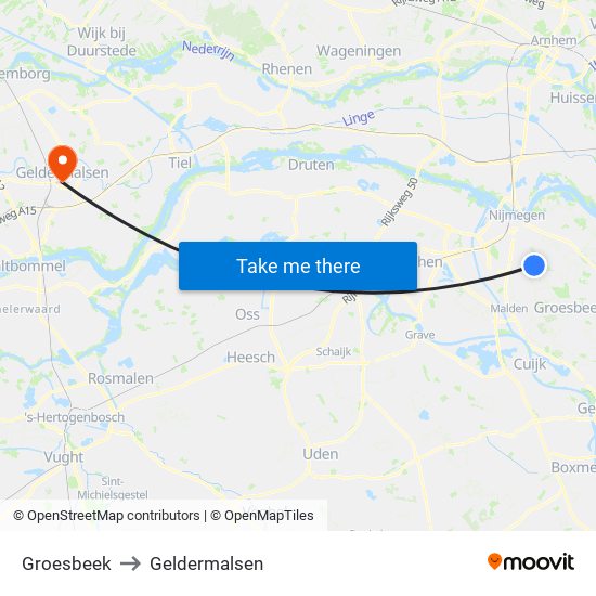 Groesbeek to Geldermalsen map