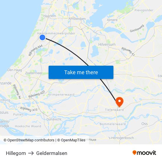 Hillegom to Geldermalsen map