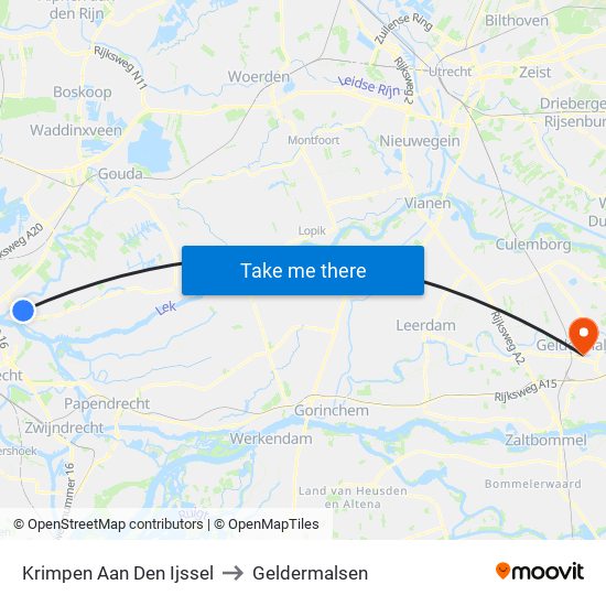 Krimpen Aan Den Ijssel to Geldermalsen map