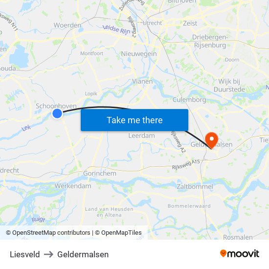 Liesveld to Geldermalsen map
