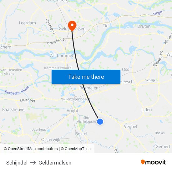 Schijndel to Geldermalsen map