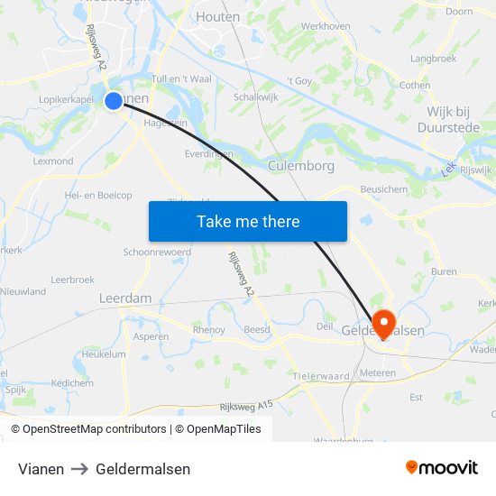 Vianen to Geldermalsen map