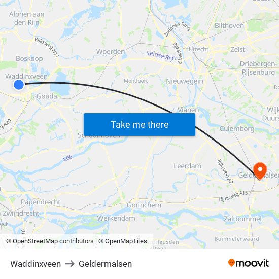 Waddinxveen to Geldermalsen map