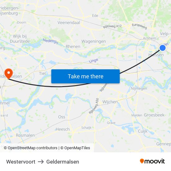 Westervoort to Geldermalsen map