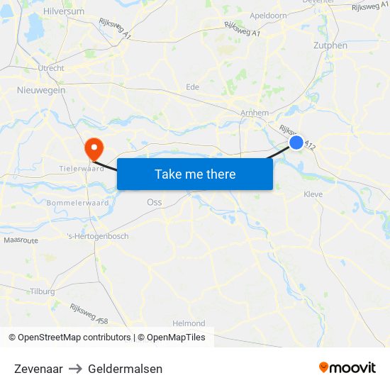 Zevenaar to Geldermalsen map