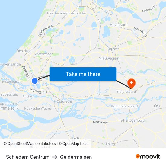 Schiedam Centrum to Geldermalsen map