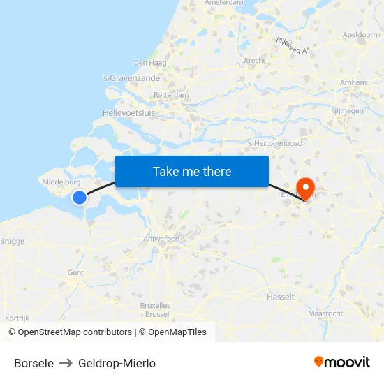 Borsele to Geldrop-Mierlo map