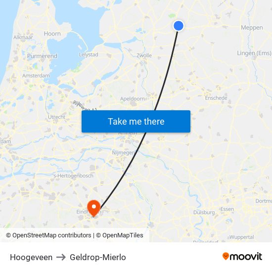 Hoogeveen to Geldrop-Mierlo map