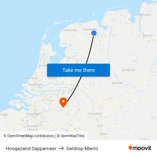 Hoogezand-Sappemeer to Geldrop-Mierlo map
