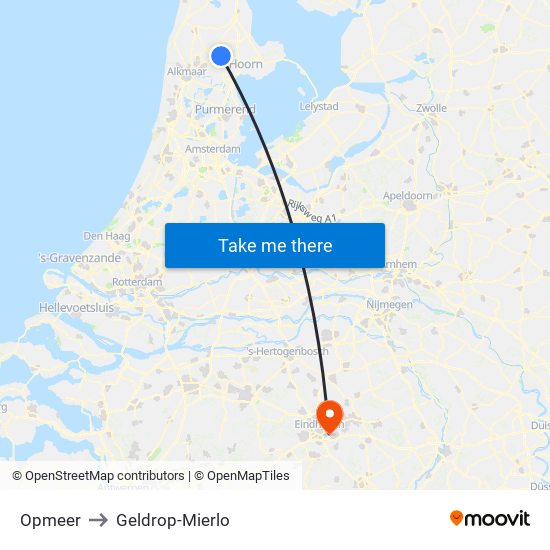 Opmeer to Geldrop-Mierlo map