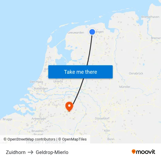 Zuidhorn to Geldrop-Mierlo map