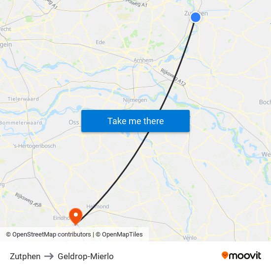 Zutphen to Geldrop-Mierlo map