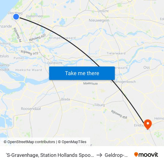 'S-Gravenhage, Station Hollands Spoor (Perron A) to Geldrop-Mierlo map