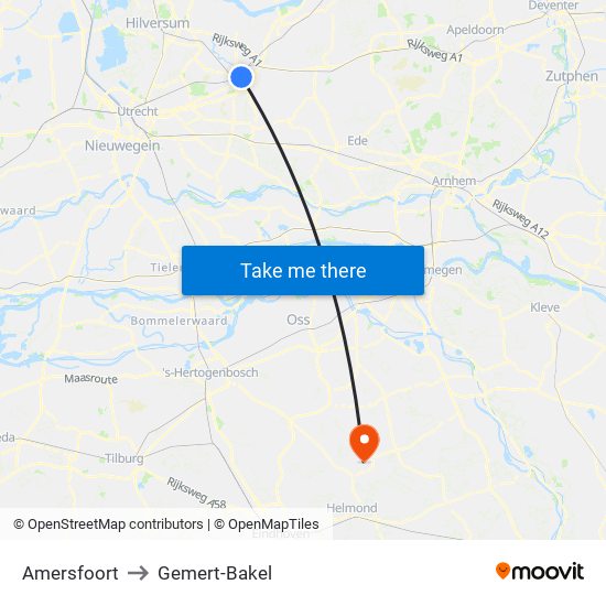 Amersfoort to Gemert-Bakel map