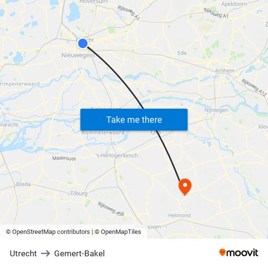 Utrecht to Gemert-Bakel map