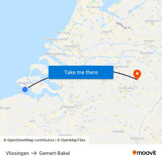 Vlissingen to Gemert-Bakel map