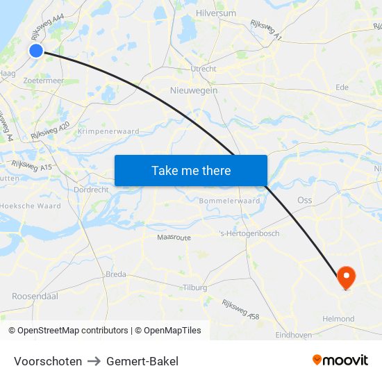 Voorschoten to Gemert-Bakel map