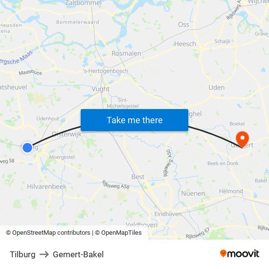 Tilburg to Gemert-Bakel map