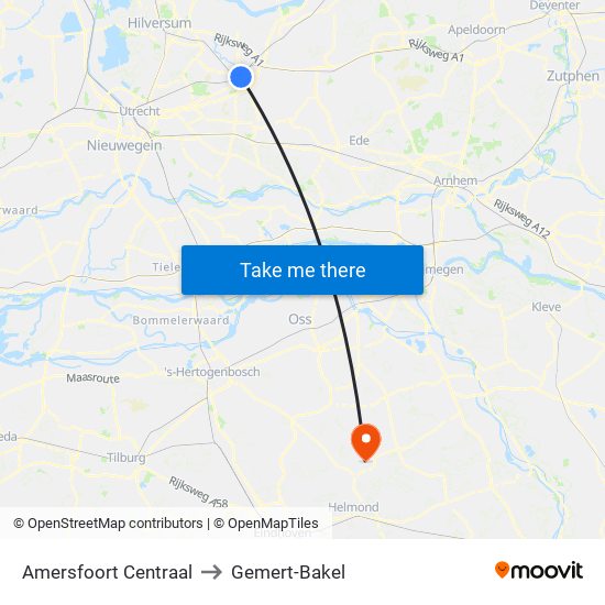 Amersfoort Centraal to Gemert-Bakel map