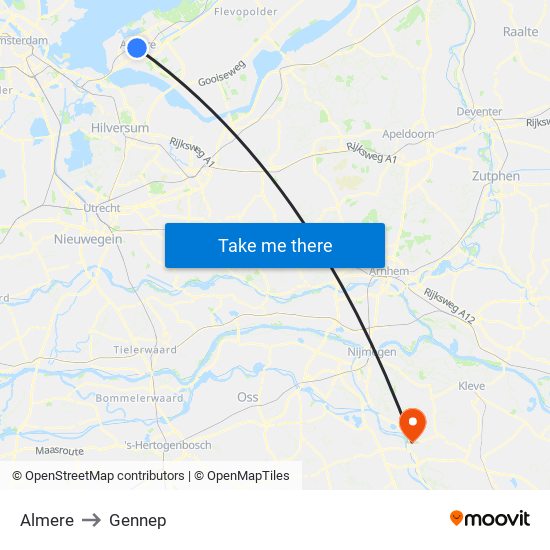 Almere to Gennep map