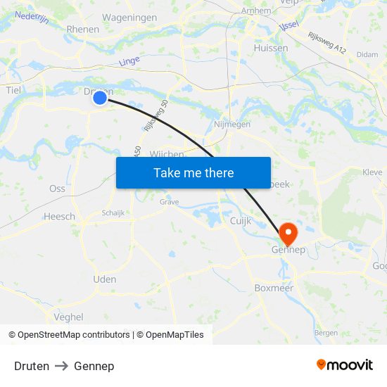 Druten to Gennep map