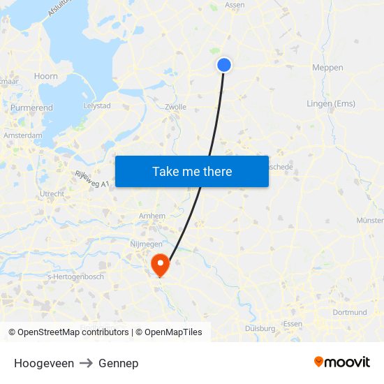 Hoogeveen to Gennep map