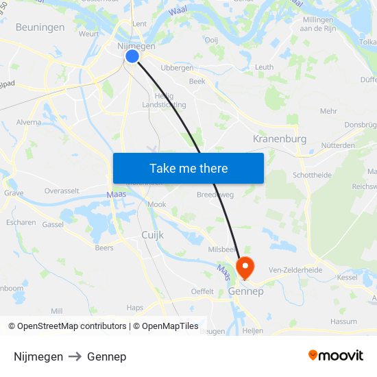 Nijmegen to Gennep map