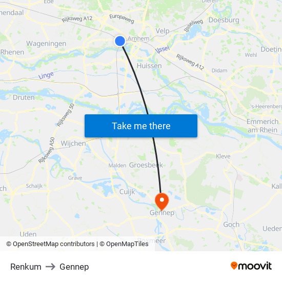 Renkum to Gennep map