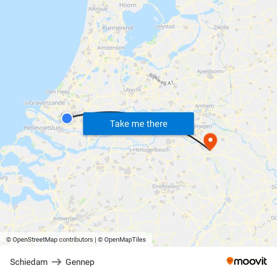 Schiedam to Gennep map