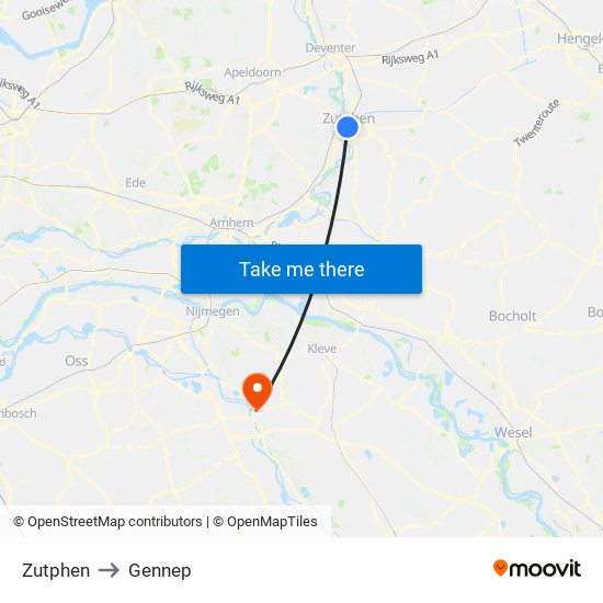Zutphen to Gennep map