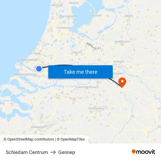 Schiedam Centrum to Gennep map
